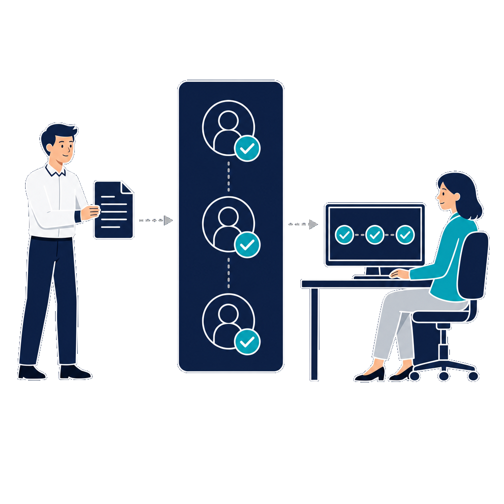 Workflow-Management: ein Dokument durchläuft nummerierte Freigabe-Stationen bis zum Archiv